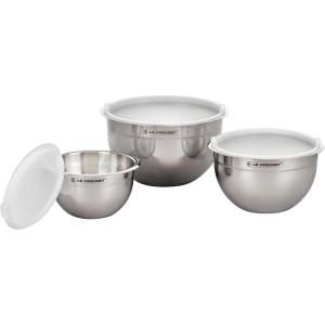 imageLe Creuset Set of 3 Nested Mixing Bowls wNonslip Silicone Base ampamp Plastic Air Tight Lids Large Stainless SteelMixing Bowls