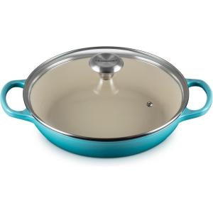 imageLe Creuset Enameled Cast Iron Signature Round Braiser with Glass Lid 225 qt Peche with Light Gold KnobCaribbean