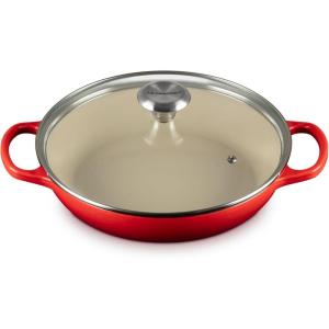 imageLe Creuset Enameled Cast Iron Signature Round Braiser with Glass Lid 225 qt Peche with Light Gold KnobCerise