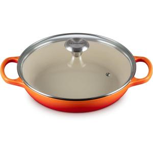 imageLe Creuset Enameled Cast Iron Signature Round Braiser with Glass Lid 225 qt Peche with Light Gold KnobFlame