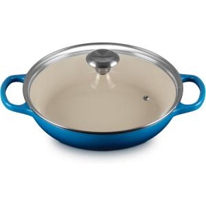imageLe Creuset Enameled Cast Iron Signature Round Braiser with Glass Lid 225 qt Peche with Light Gold KnobMarseille