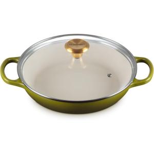 imageLe Creuset Enameled Cast Iron Signature Round Braiser with Glass Lid 225 qt Peche with Light Gold KnobOlive