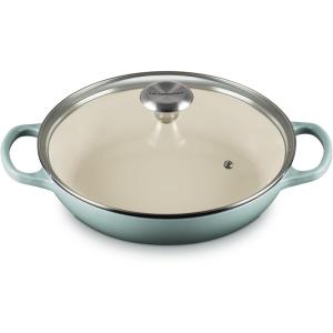 imageLe Creuset Enameled Cast Iron Signature Round Braiser with Glass Lid 225 qt Peche with Light Gold KnobSea Salt