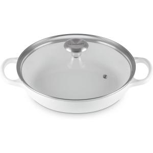 imageLe Creuset Enameled Cast Iron Signature Round Braiser with Glass Lid 225 qt Peche with Light Gold KnobWhite