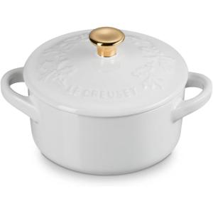 imageLe Creuset Stoneware Holly Collection Mini Round Cocotte 8 Oz Cerise with Gold KnobWhite