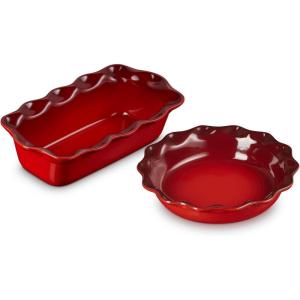 imageLe Creuset Stoneware Set of 2 9quot Heritage Fluted Pie and 9quot Fluted Loaf Dish WhiteCerise