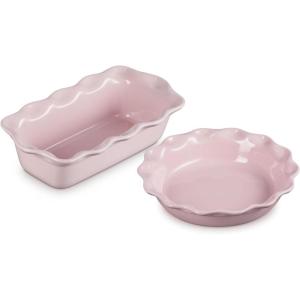 imageLe Creuset Stoneware Set of 2 9quot Heritage Fluted Pie and 9quot Fluted Loaf Dish WhiteChiffon Pink