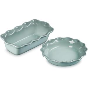imageLe Creuset Stoneware Set of 2 9quot Heritage Fluted Pie and 9quot Fluted Loaf Dish WhiteSea Salt