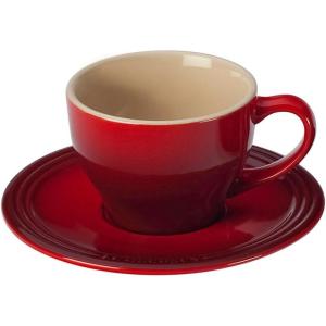 imageLe Creuset Stoneware Set of 2 Cappuccino Cups and Saucers  7 oz each WhiteRed
