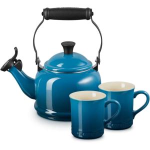 imageLe Creuset Enamel On Steel Demi Kettle ampamp Stoneware Set of 2 Mugs 125 qt Kettle ampamp 2 14 oz Mugs WhiteDeep Teal