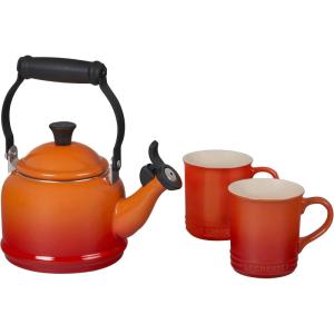 imageLe Creuset Enamel On Steel Demi Kettle ampamp Stoneware Set of 2 Mugs 125 qt Kettle ampamp 2 14 oz Mugs WhiteFlame