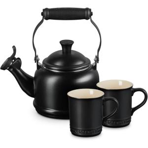 imageLe Creuset Enamel On Steel Demi Kettle ampamp Stoneware Set of 2 Mugs 125 qt Kettle ampamp 2 14 oz Mugs WhiteLicorice