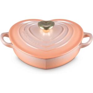 imageLe Creuset Enameled Cast Iron Traditional Shallow Heart Cocotte 125 Qt Chiffon Pink Light Gold HeartPeche