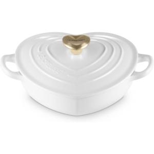 imageLe Creuset Enameled Cast Iron Traditional Shallow Heart Cocotte 125 Qt Chiffon Pink Light Gold HeartWhite