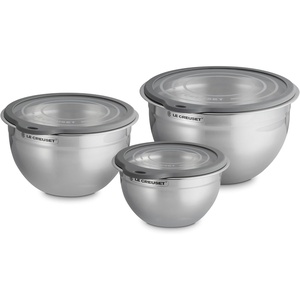 image:imageLe Creuset Stainless Steel Mixing Bowls with Glass Lids Set of 3  Set of 3 15 qt 3 qt and 5qtMixing Bowls with Glass Lids