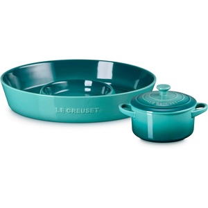 image:imageLe Creuset Stoneware Oval Chip amp Dip Platter amp Mini Cocotte Set CeriseRiviera
